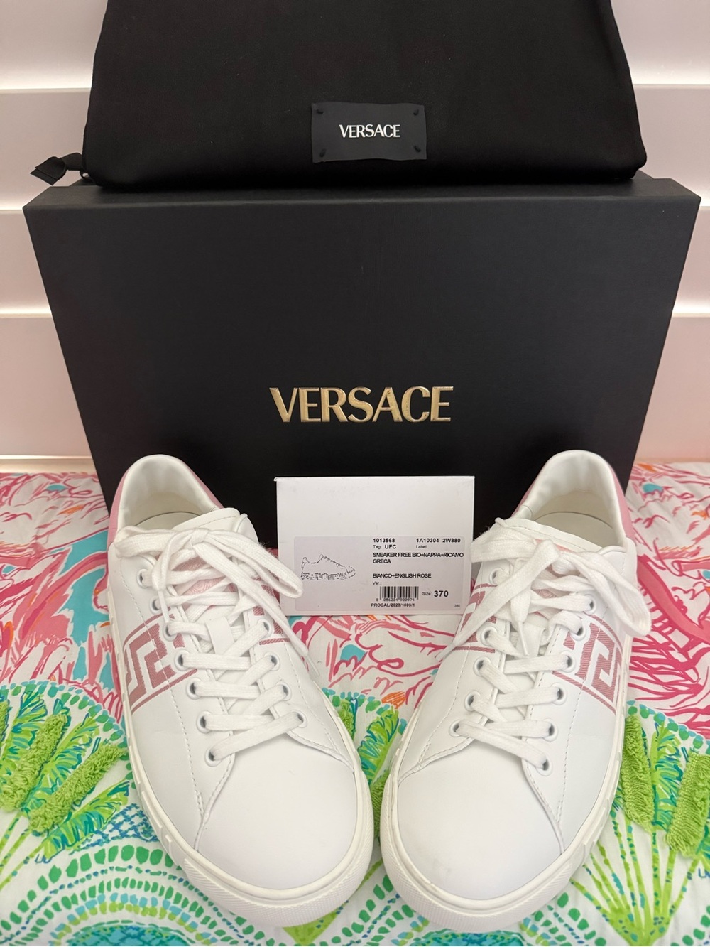 Versace Women’s White Low-Top Sneakers with Pink Greca Accent